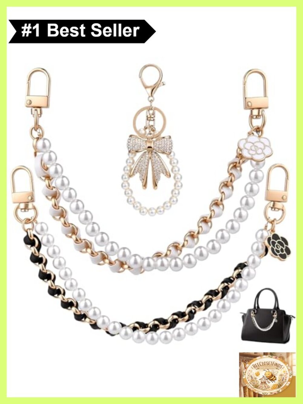 Pearl Purse Charm Set: 2 Chains, Rhinestone Bow Keychain & Gold-Tone Bag Chain
